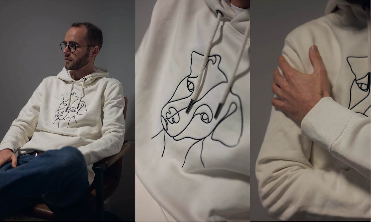 Sudadera bordada con perro, primer plano del bordado