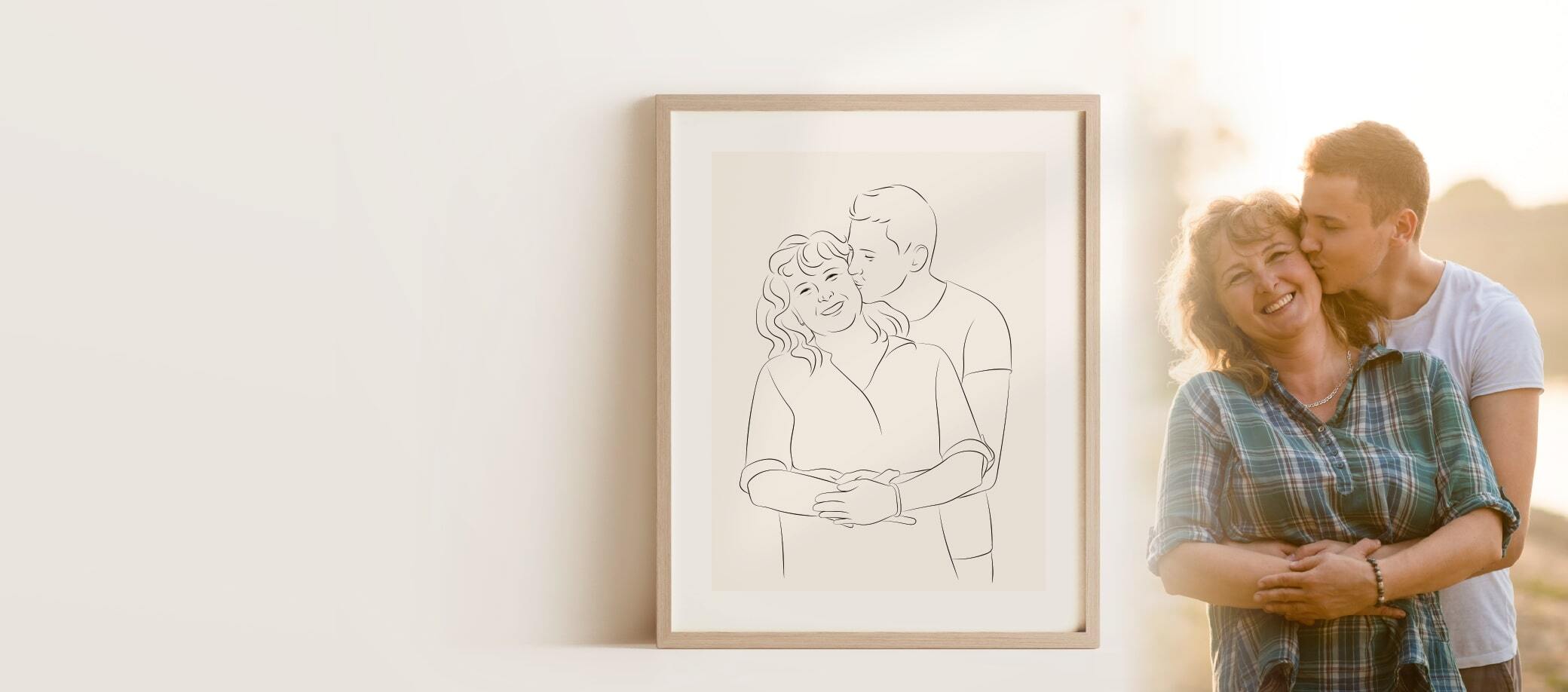 Dibujo en Line Art de una madre sonriente con su hijo