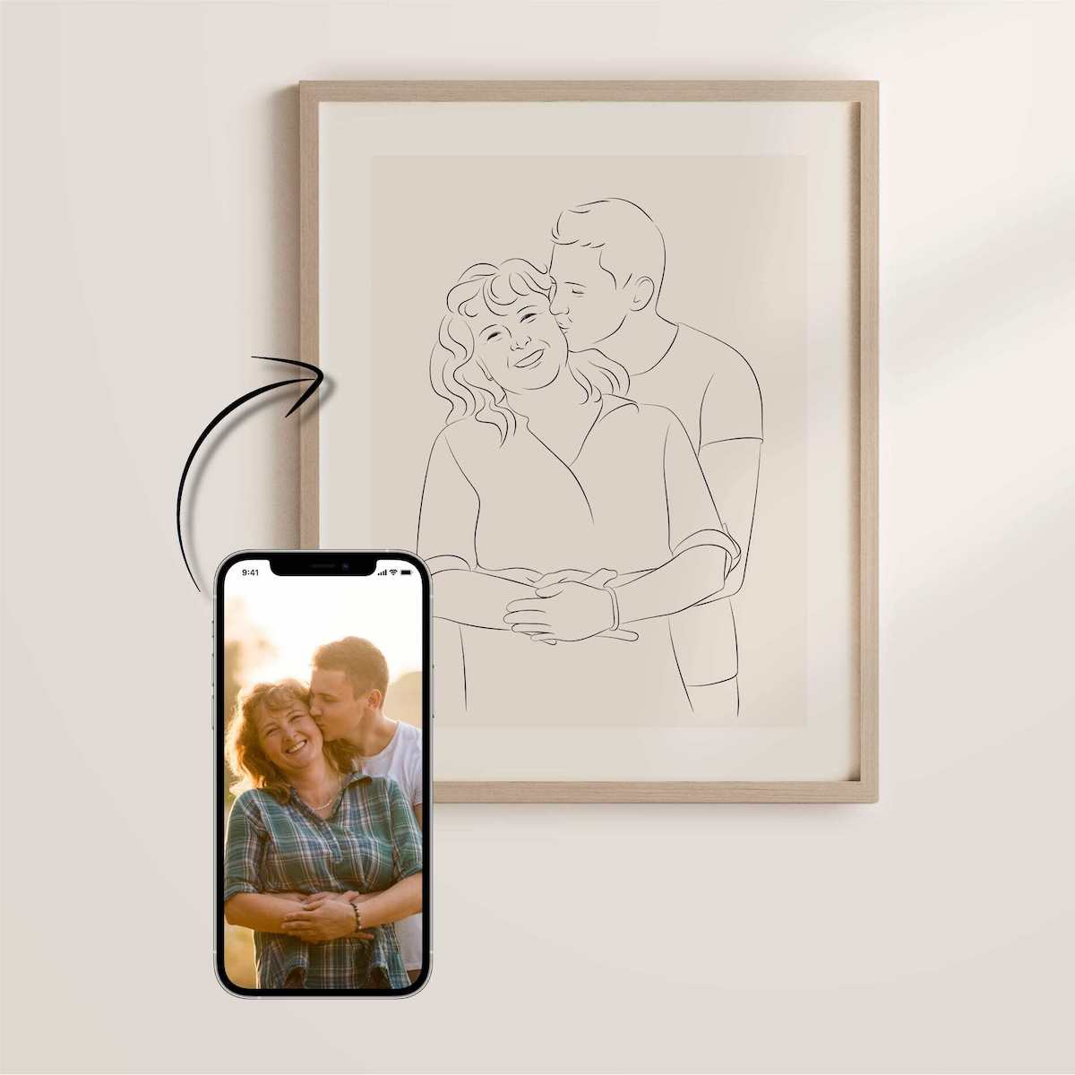 Madre e hijo dibujados en Line Art como regalo del Día de la Madre