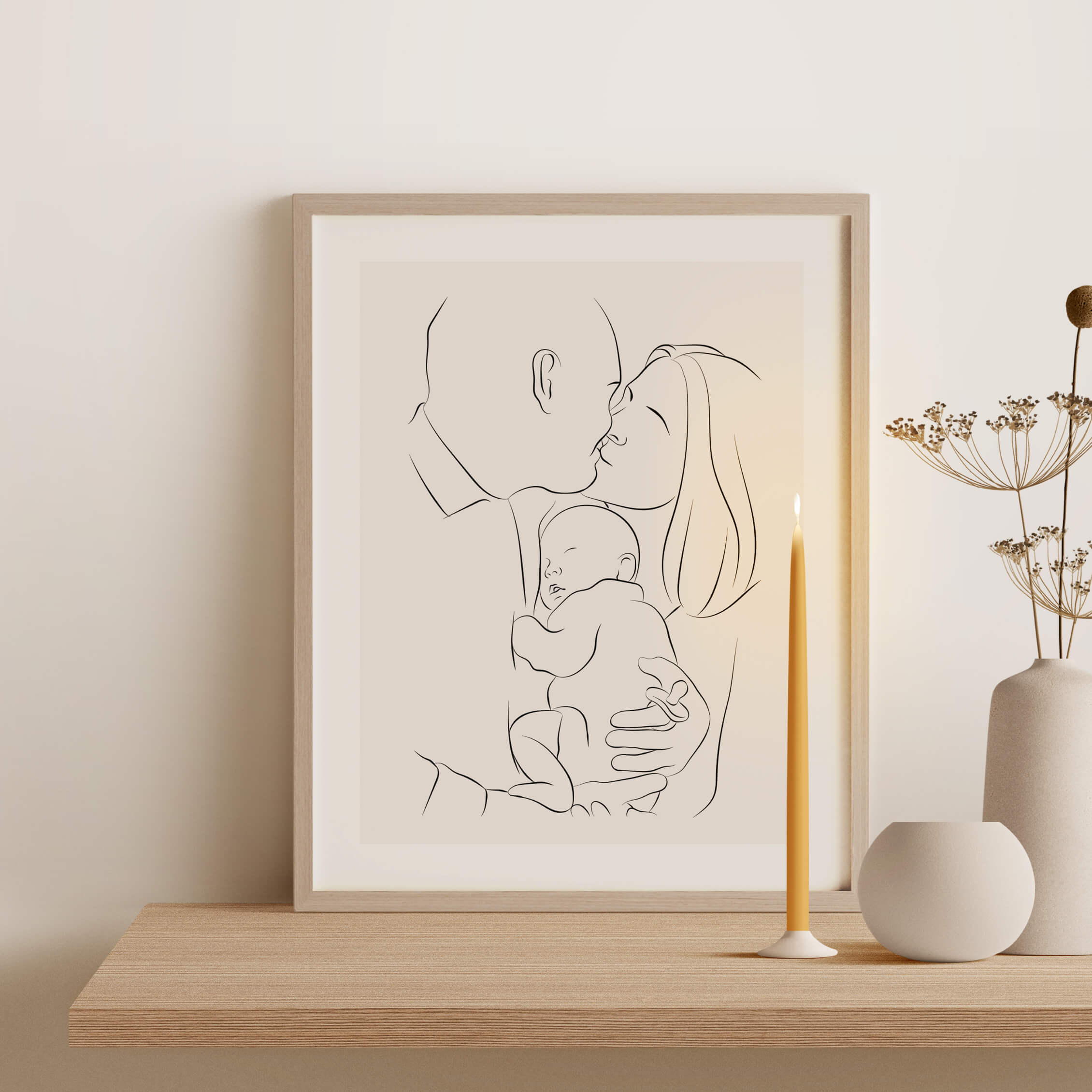 Ilustración en Line Art de una pareja sosteniendo un bebé dormido
