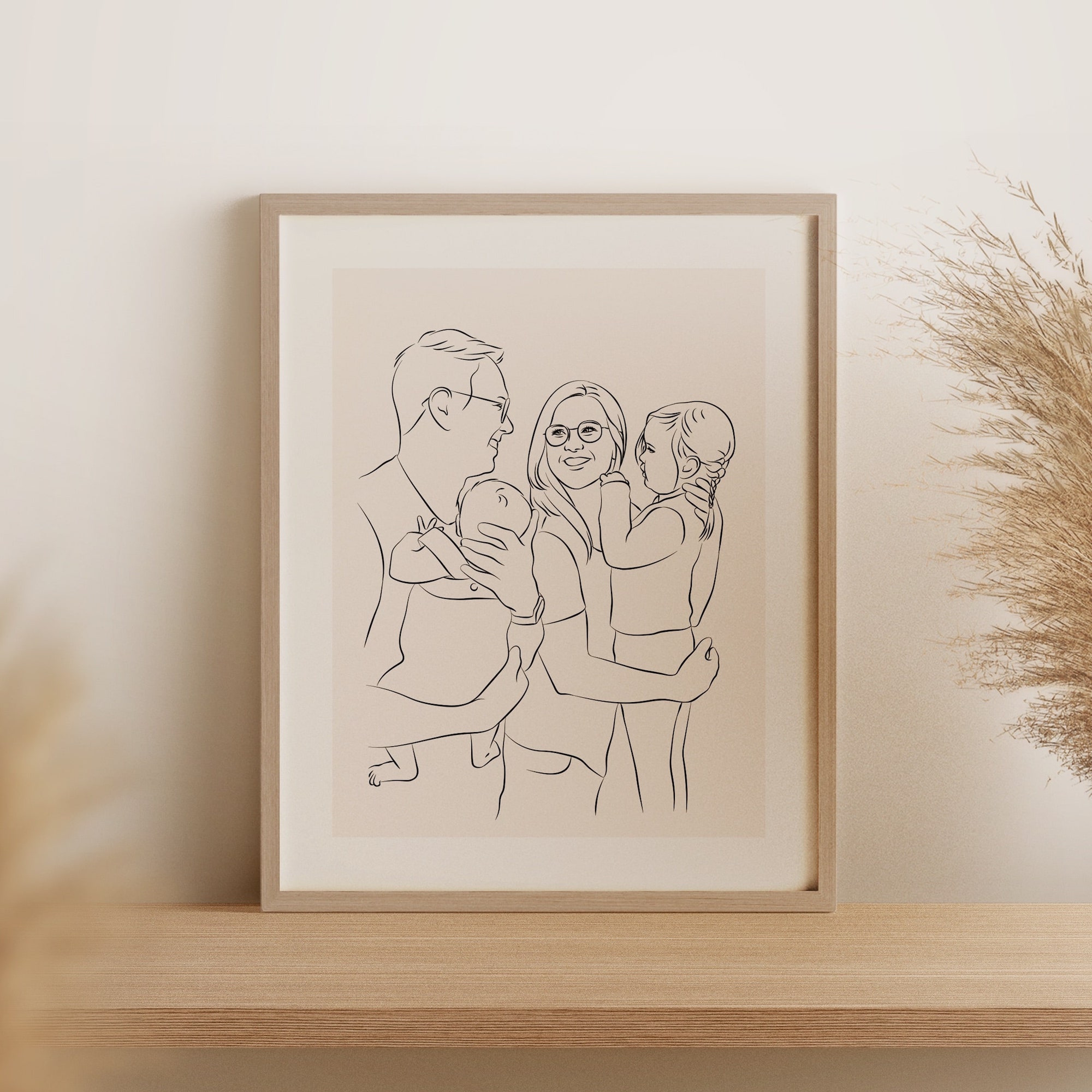 Familia joven con 2 hijos dibujada en Line Art