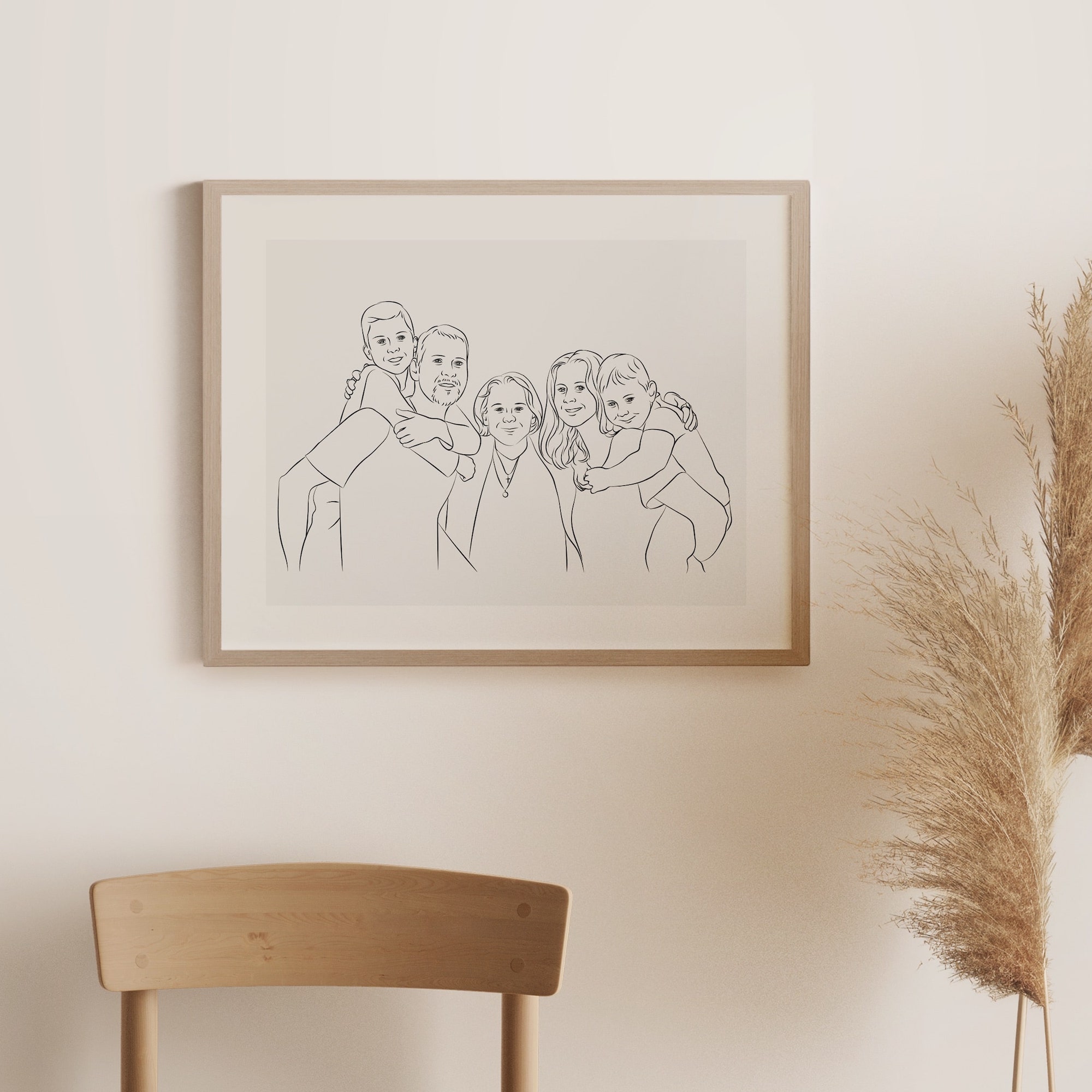 Foto de familia dibujada en Line Art con la abuela en el centro de la imagen
