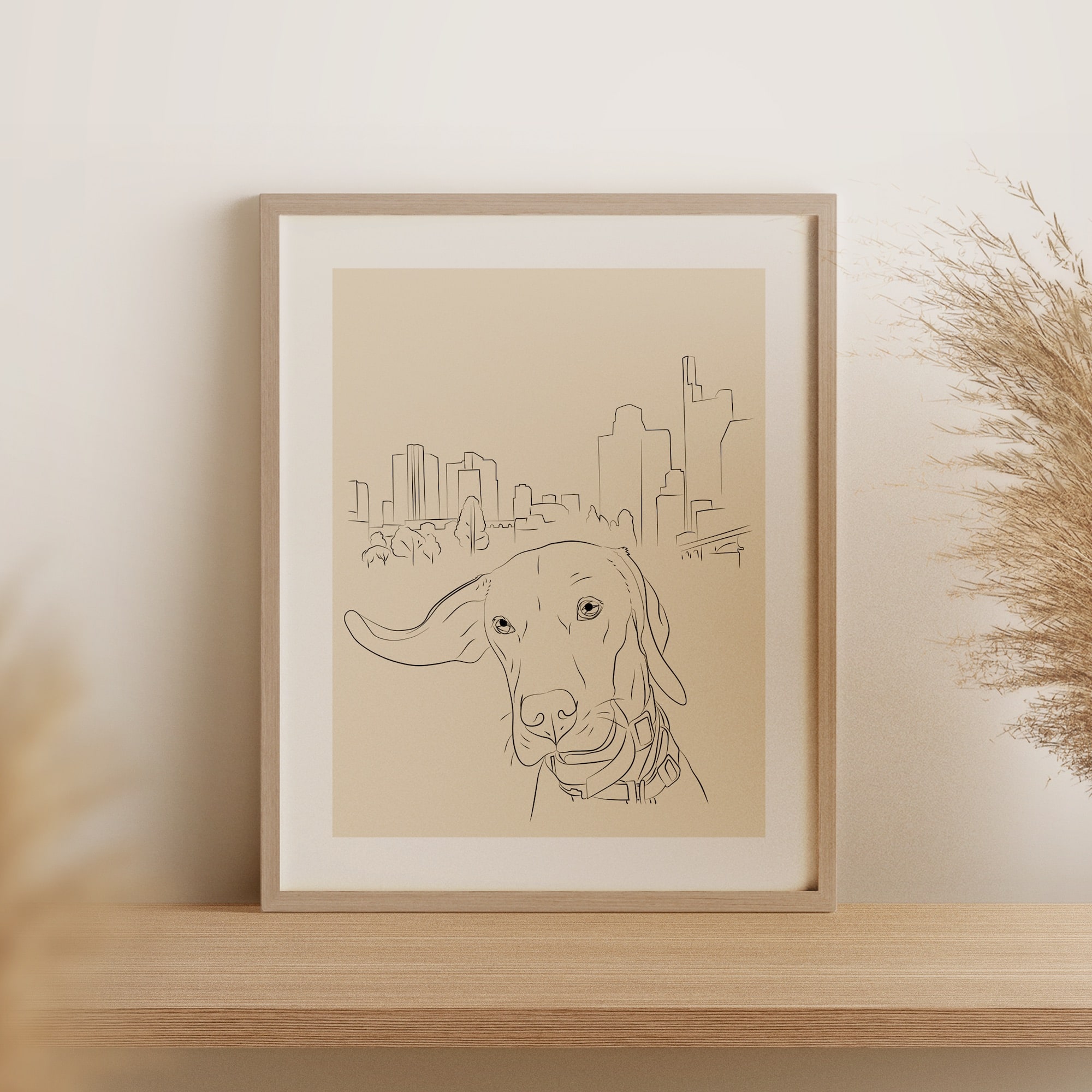 Dibujo Line Art de un perro y el skyline de Frankfurt