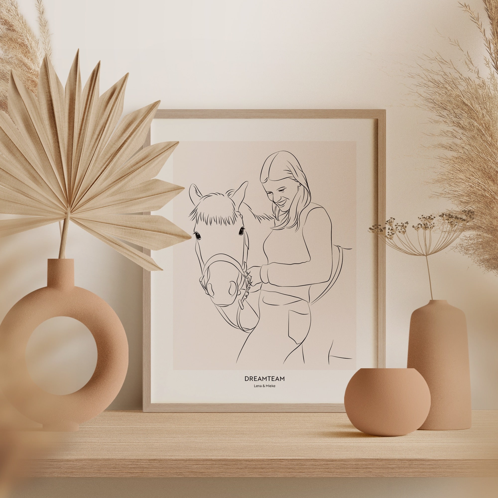 Dibujo Line Art de un caballo junto a una joven mujer