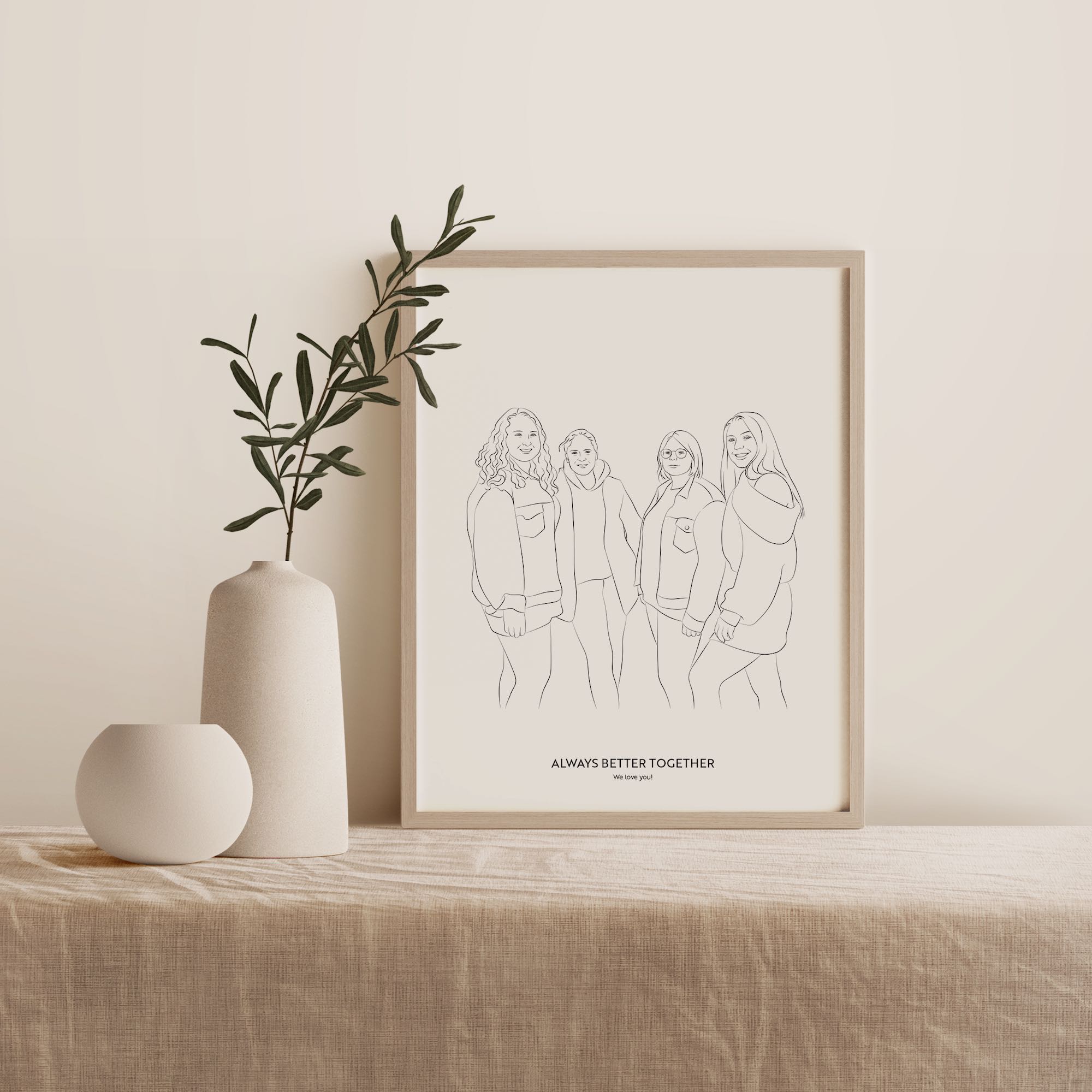 Ilustración Line Art de un grupo de cuatro amigas
