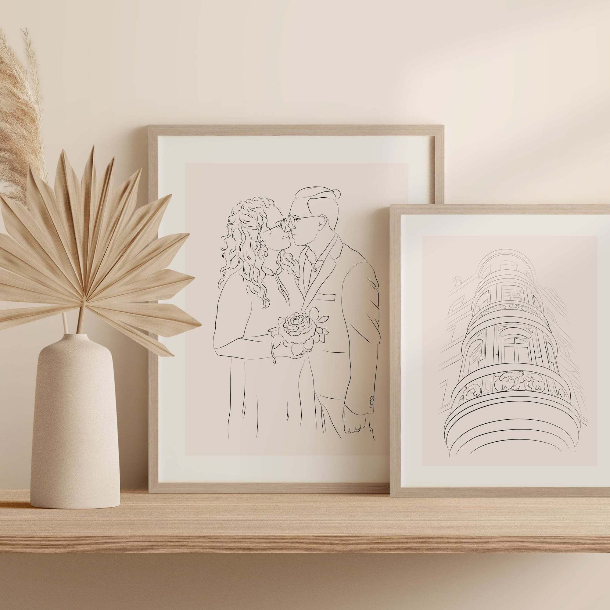 Dibujo de la fachada de una casa en Line Art junto a una ilustración de pareja