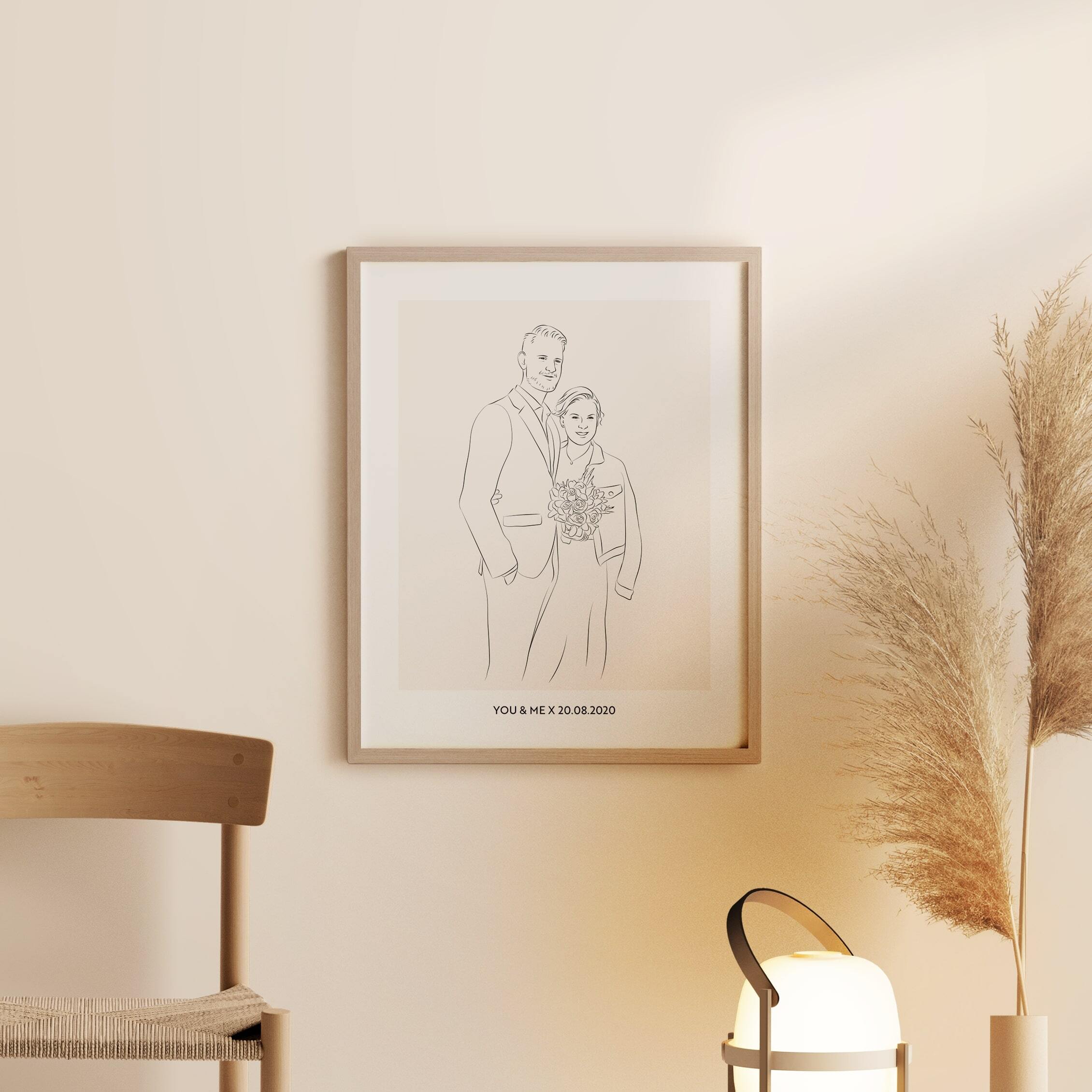 Ilustración Line Art de una pareja de novios con ramo y fecha de la boda como subtítulo