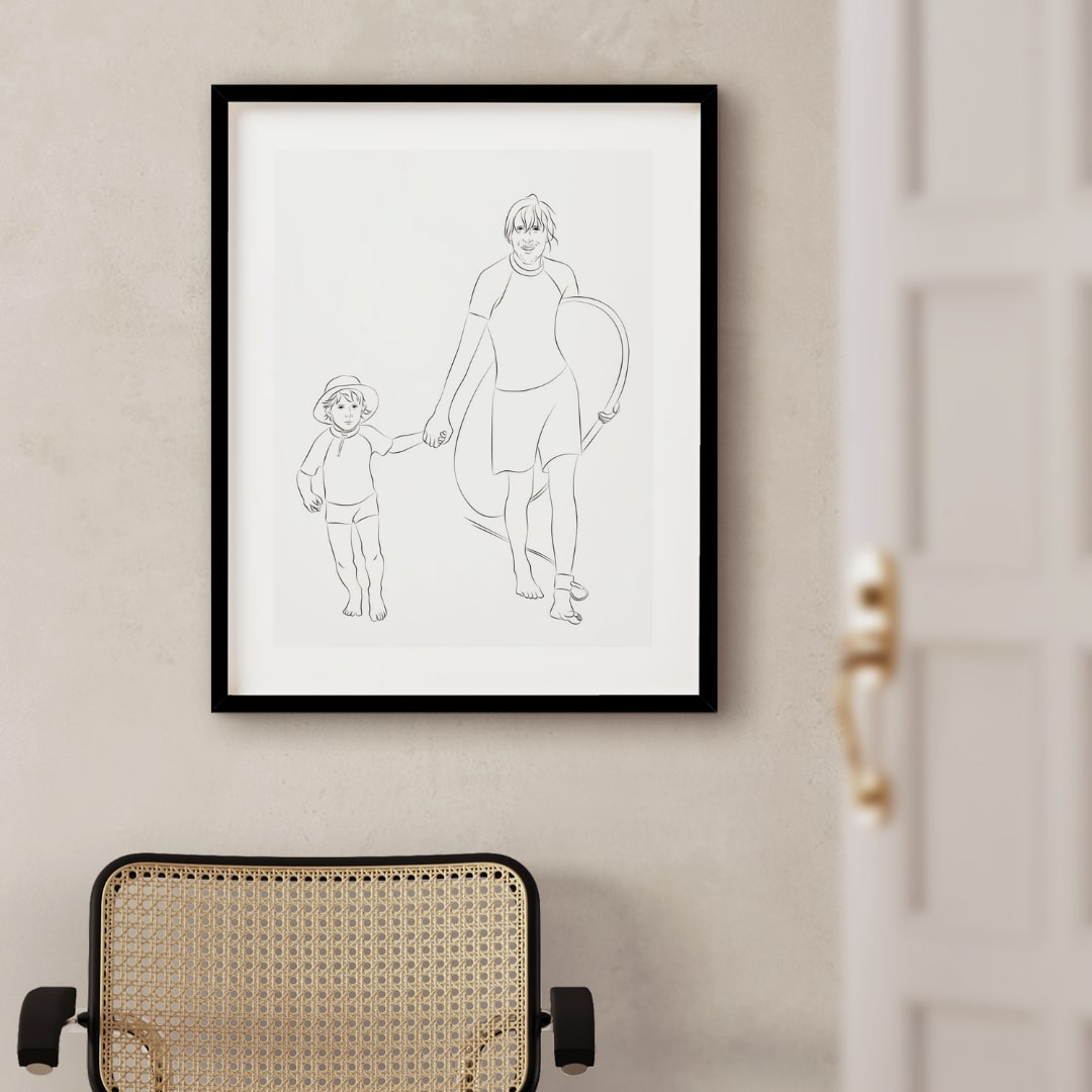 Padre e hijo surfeando, ilustrado en Line Art
