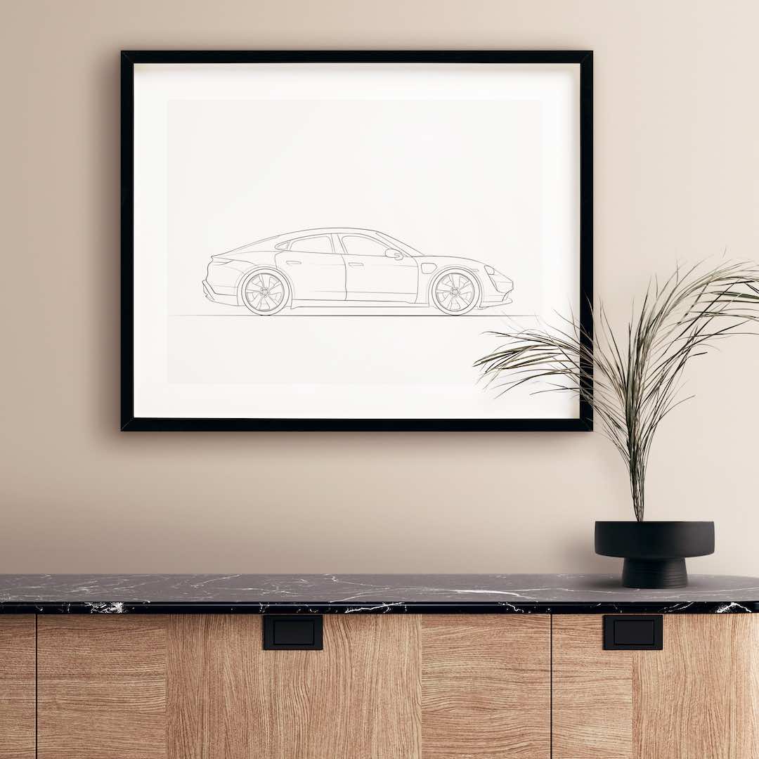 Dibujo Line Art de un Porsche Taycan de perfil