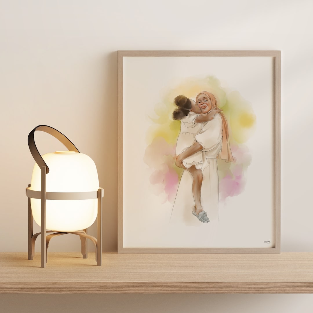Madre con hijo pequeño y tulipanes, dibujados en Line Art